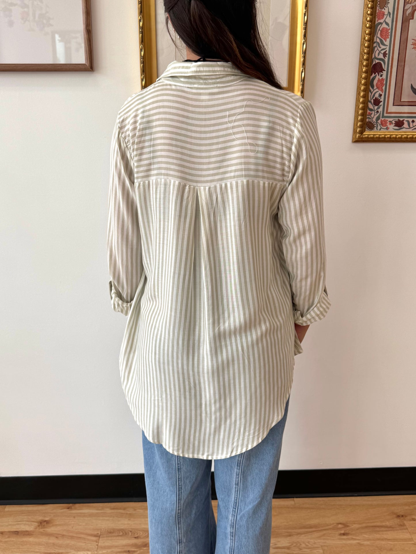 Sage Striped Button Down Top Shirts & Tops