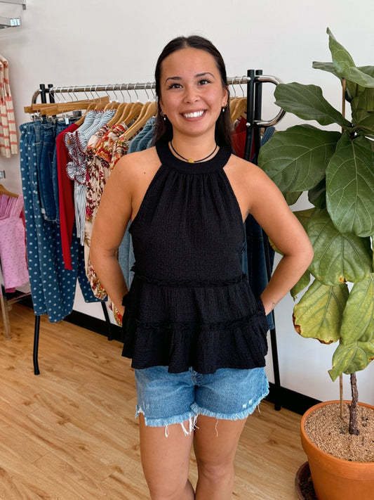 Black Tiered Halter Top Shirts & Tops
