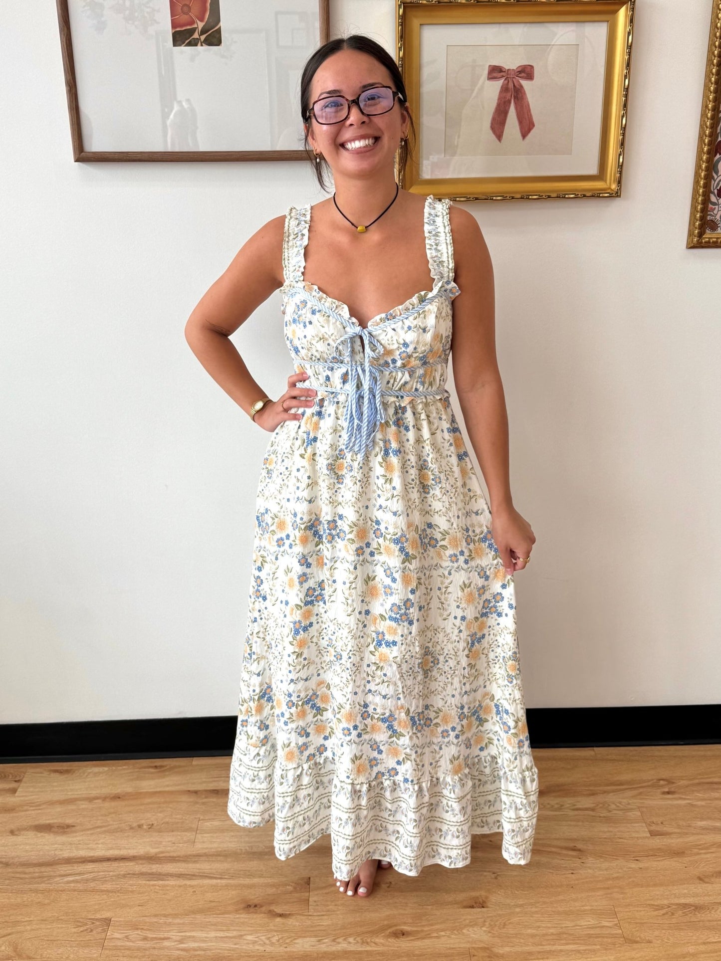 Blue Border Floral Dress Dress