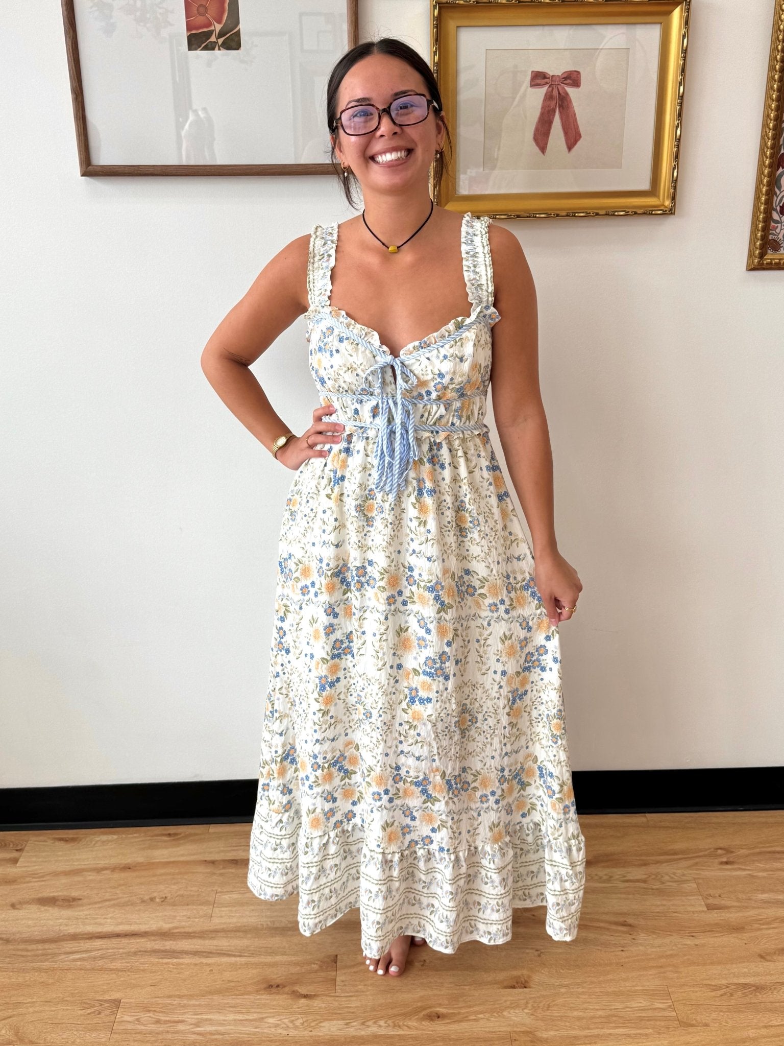 Blue Border Floral Dress Dress