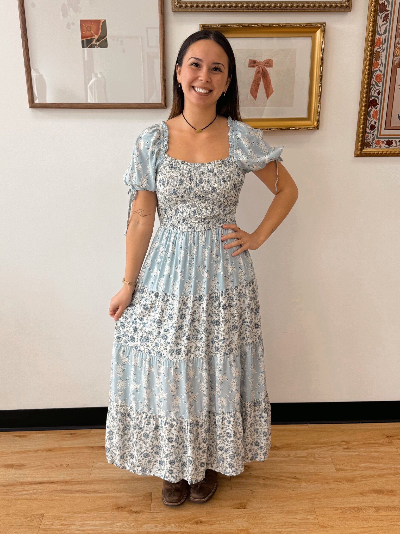 Blue Floral Colorblock Midi Dress Dress