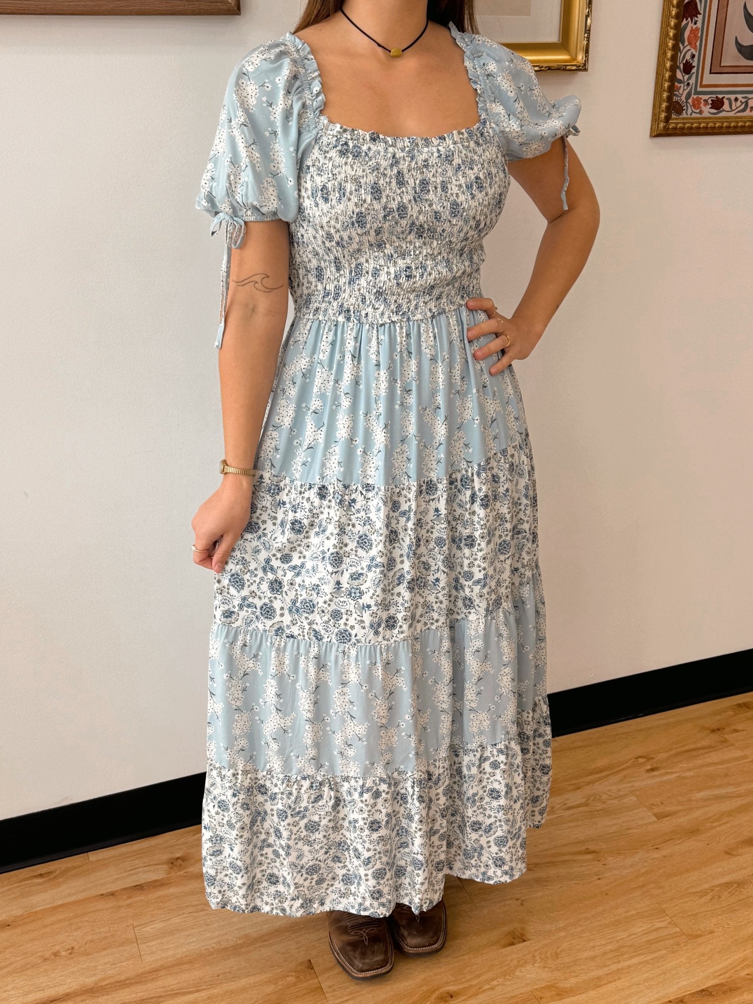 Blue Floral Colorblock Midi Dress Dress