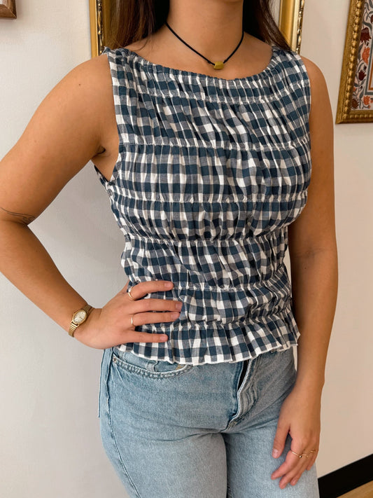 Blue Gingham Smocked Top Shirts & Tops