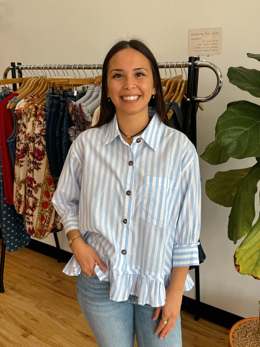 Blue Striped Ruffle Top Shirts & Tops