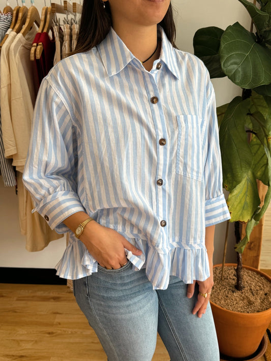 Blue Striped Ruffle Top Shirts & Tops