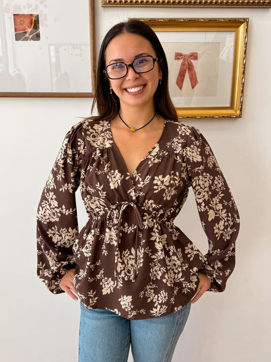 Brown Floral Long Sleeve Top