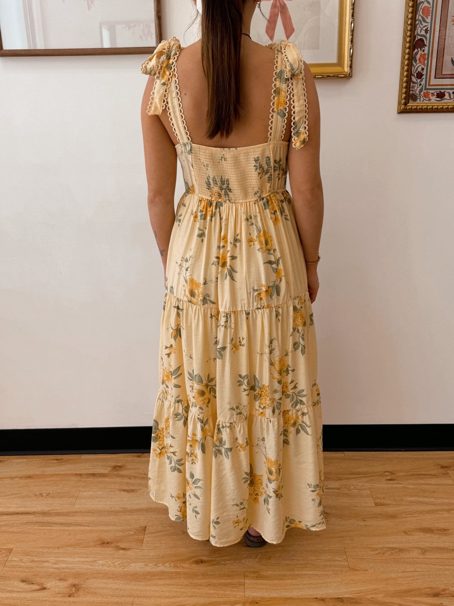 Butter Yellow Floral Midi Dress Dress