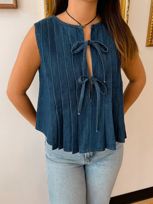 Denim Pintuck Front Tie Top Shirts & Tops