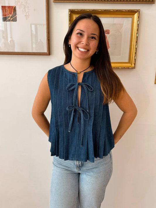Denim Pintuck Front Tie Top Shirts & Tops