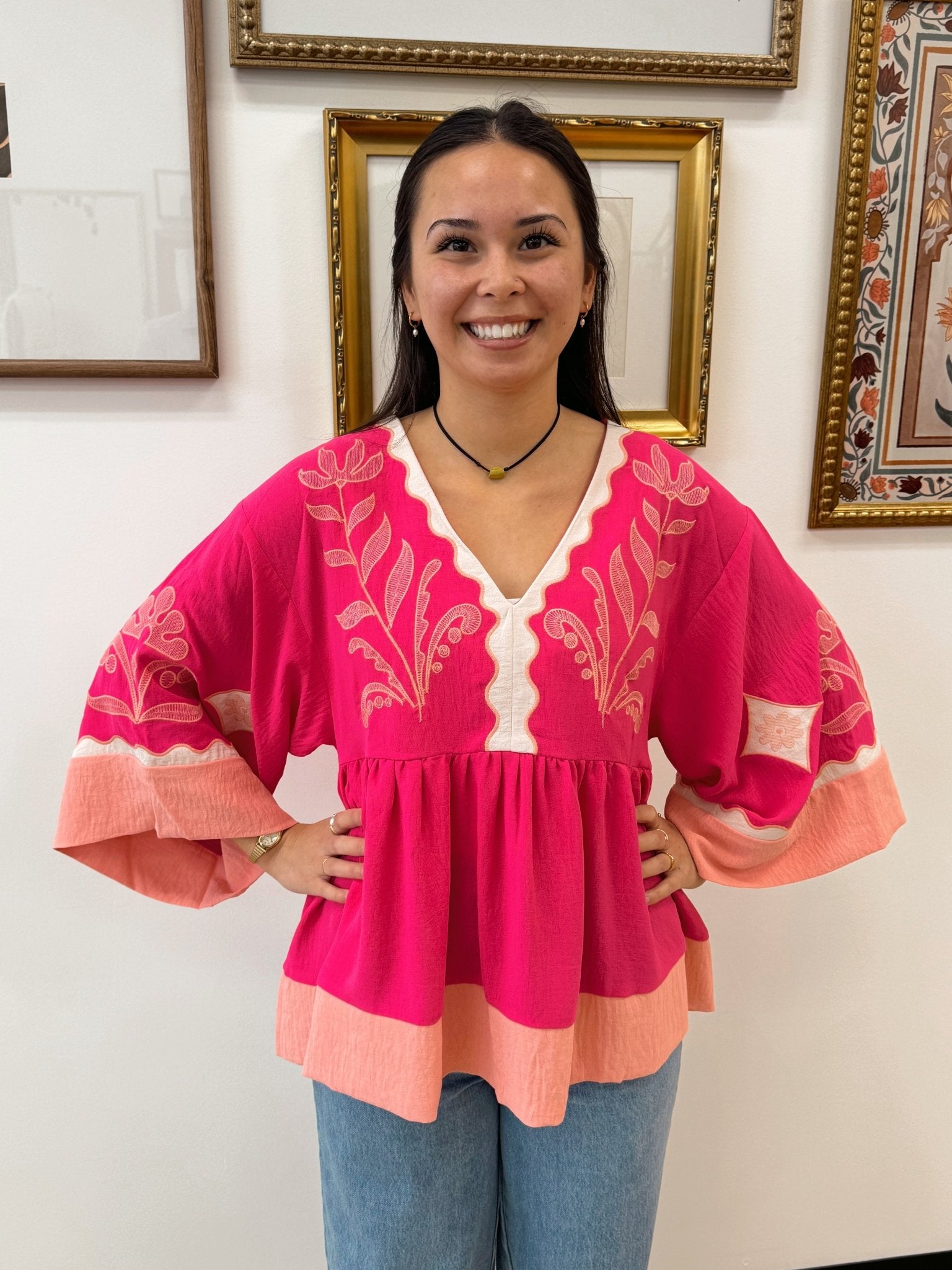 Embroidered Pink Flowy Top Shirts & Tops
