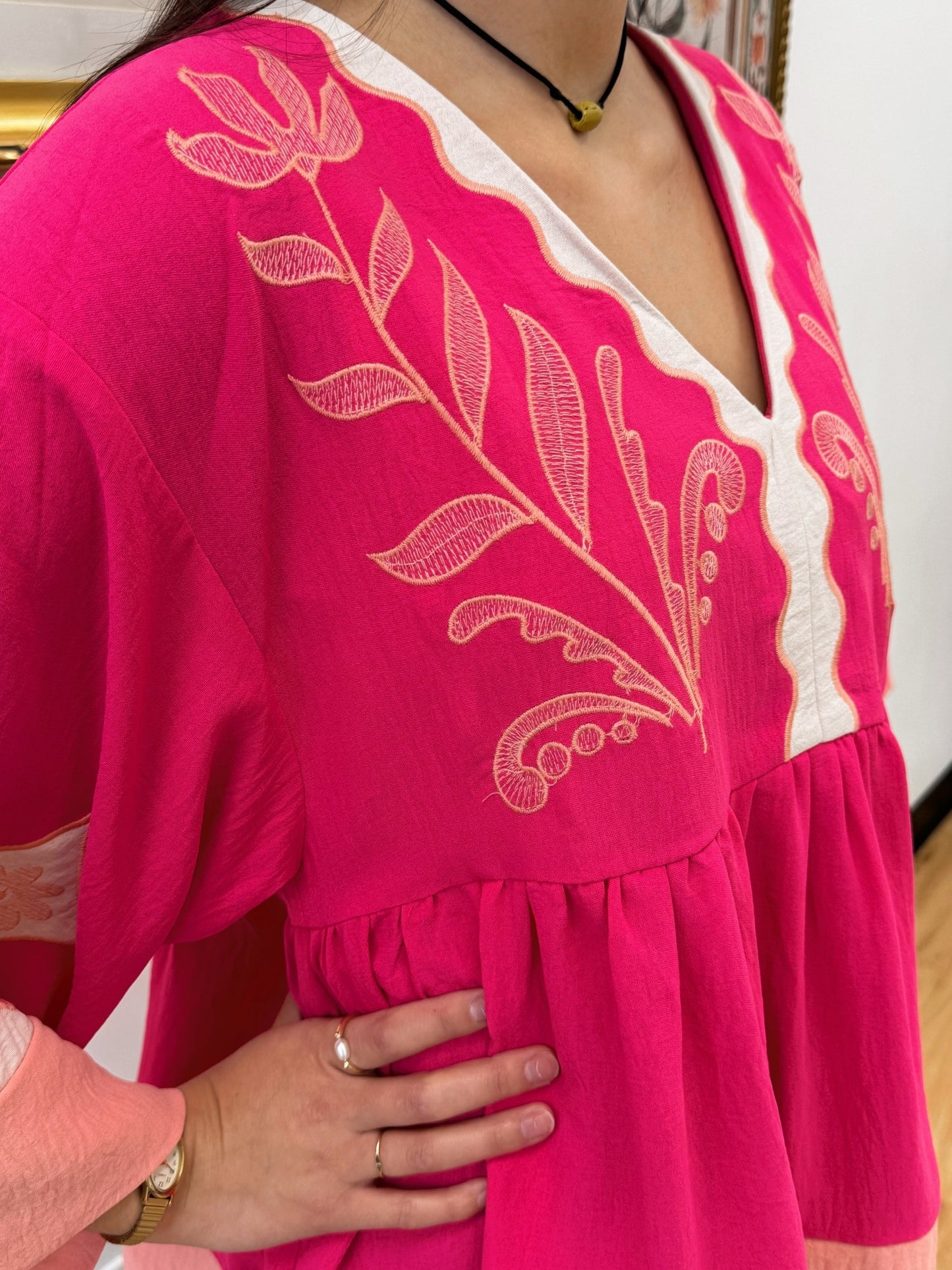 Embroidered Pink Flowy Top Shirts & Tops