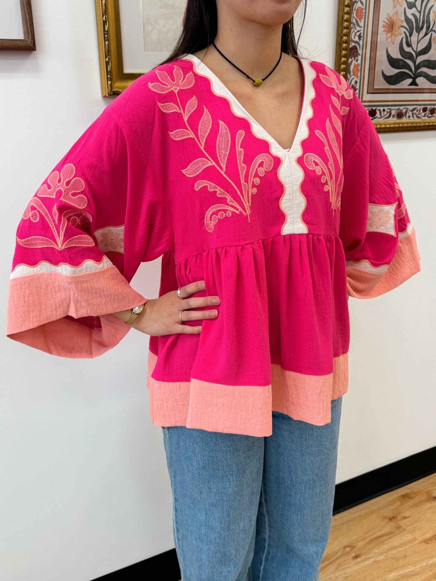 Embroidered Pink Flowy Top Shirts & Tops