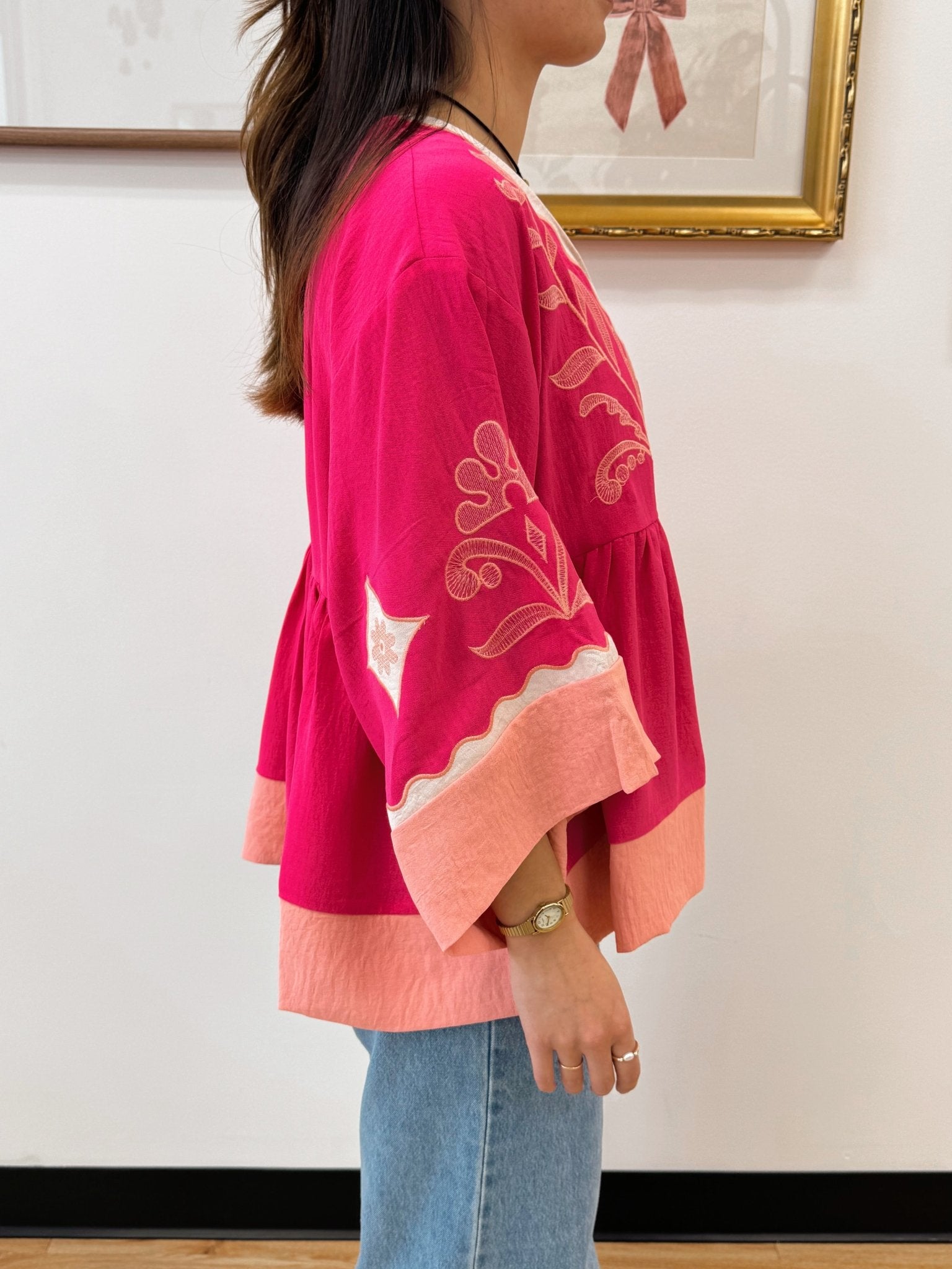 Embroidered Pink Flowy Top Shirts & Tops