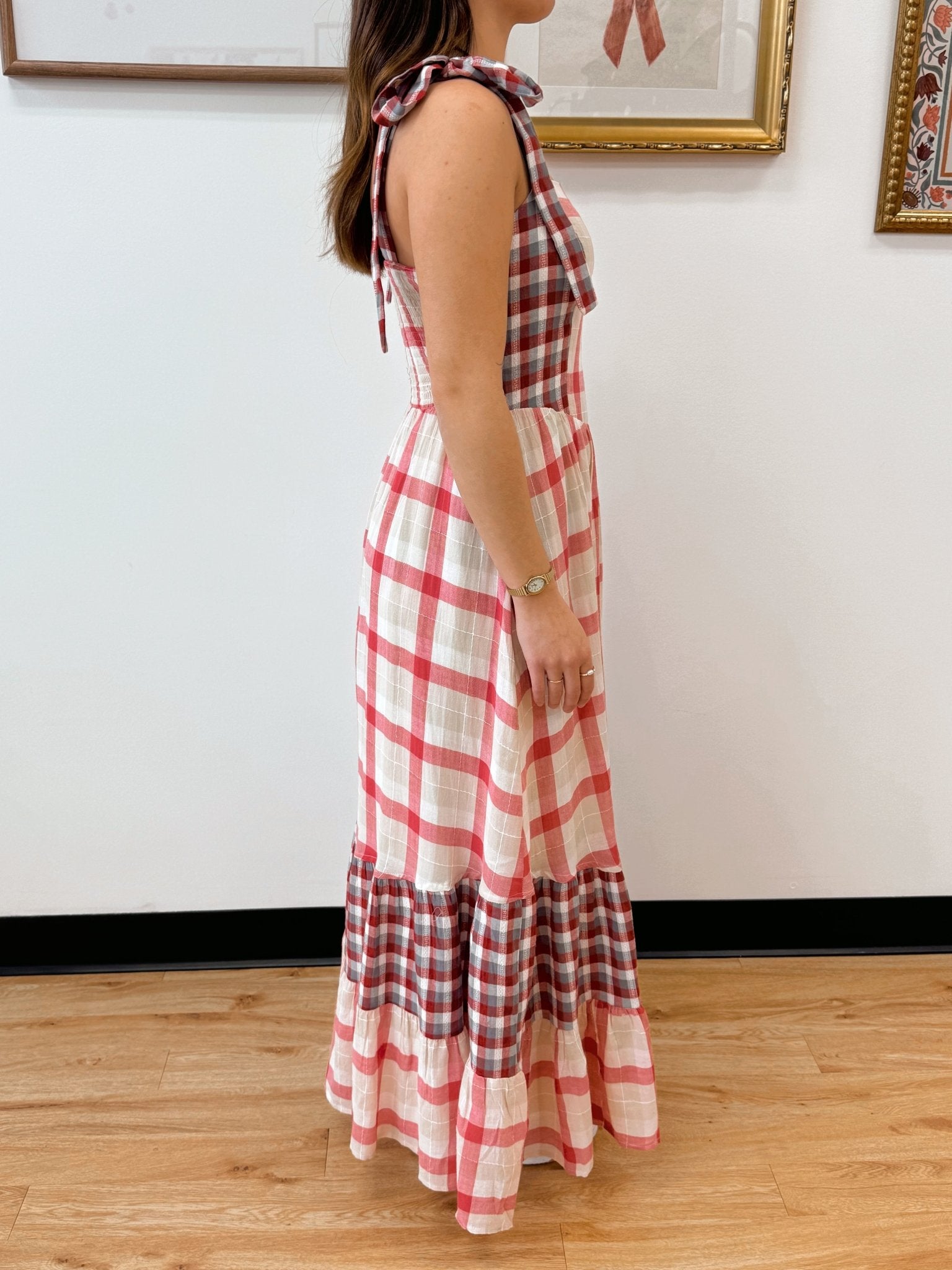 gingham tiered maxi dress Gingham Tiered Maxi Dress Large