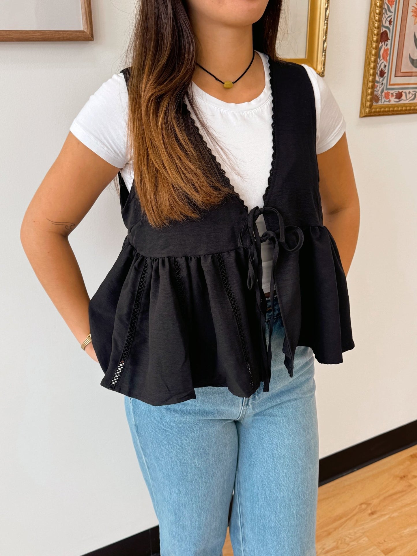 Lace Trim Tie Front Top Shirts & Tops