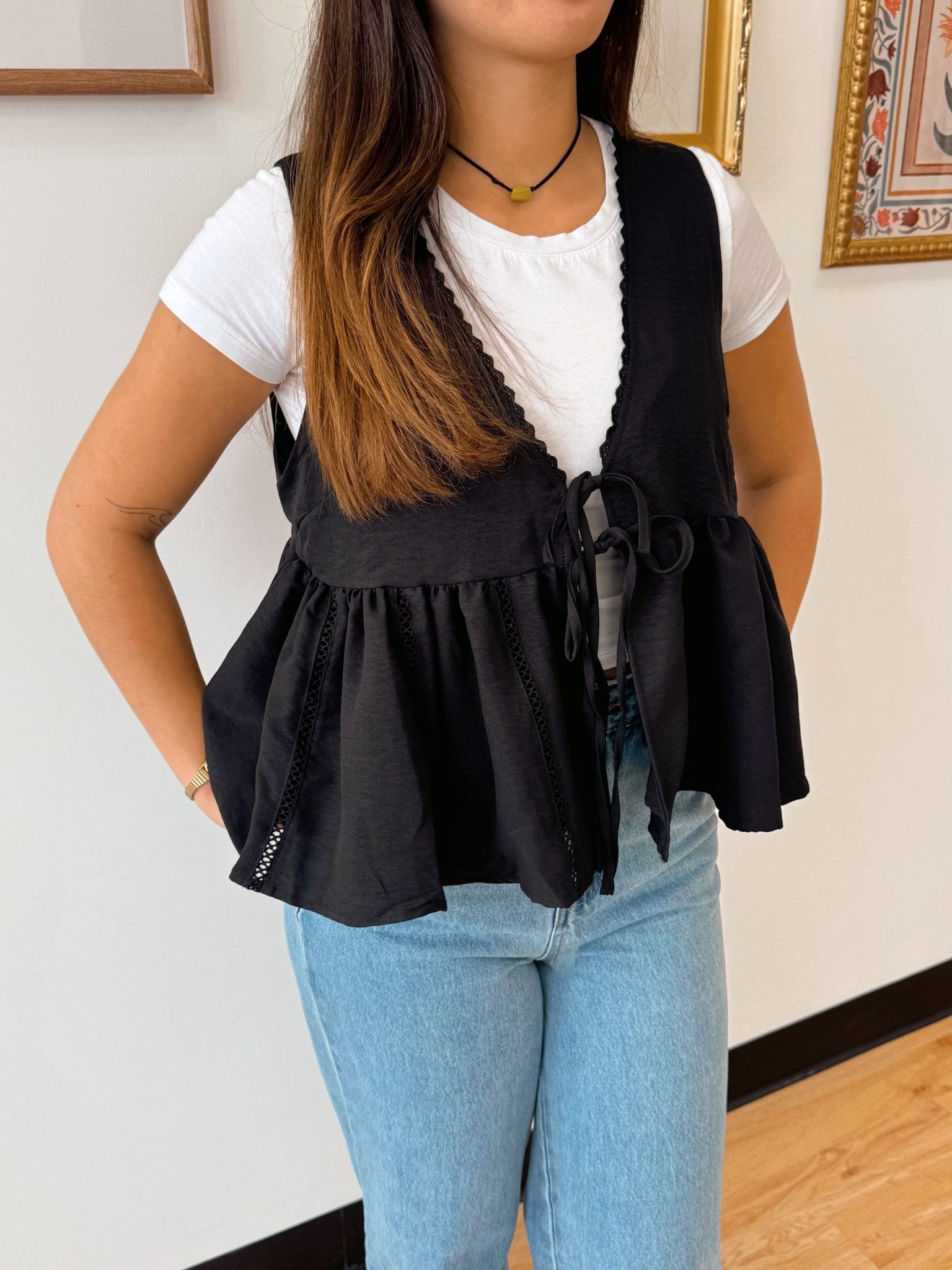 Lace Trim Tie Front Top Shirts & Tops