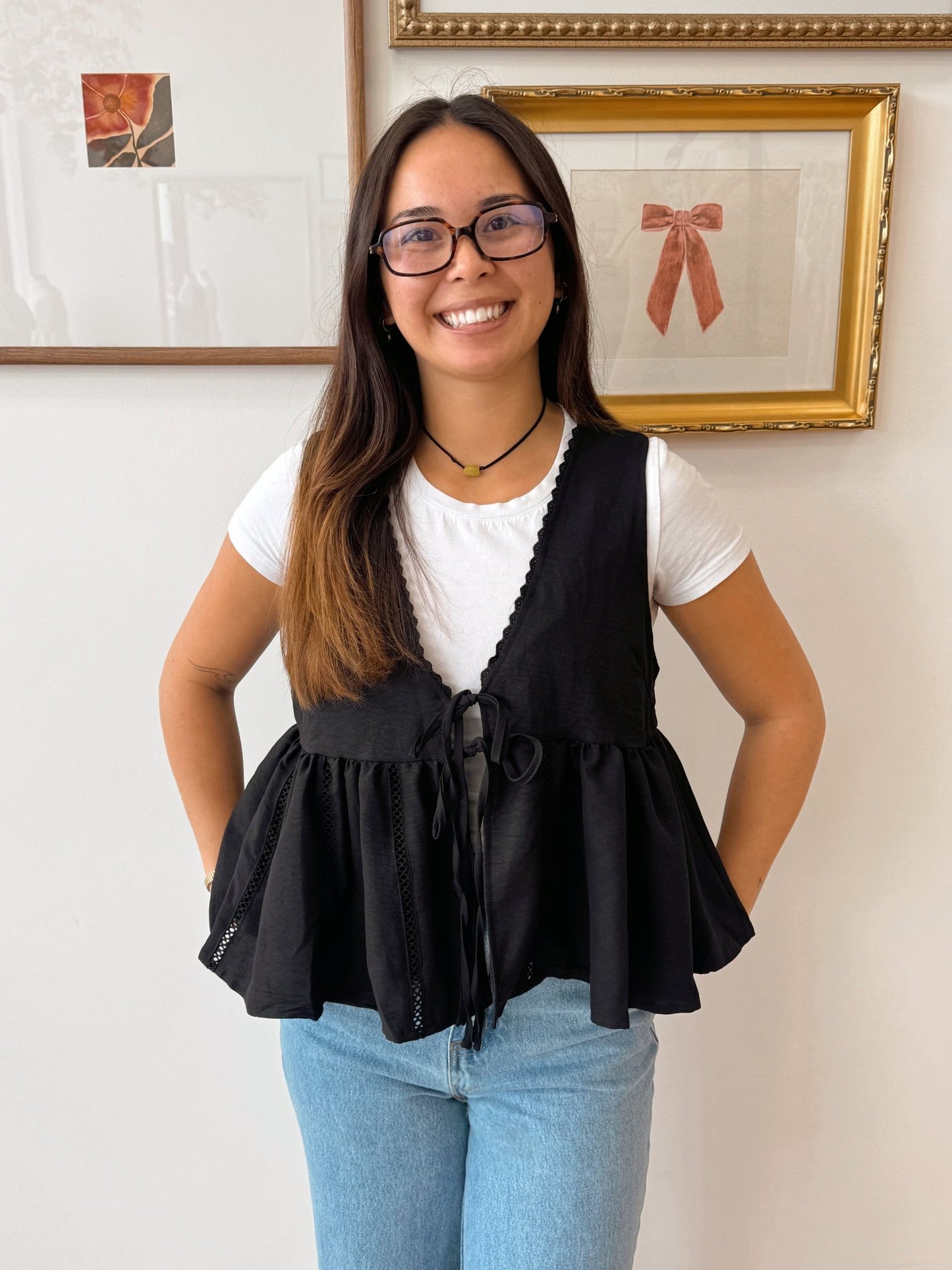 Lace Trim Tie Front Top Shirts & Tops