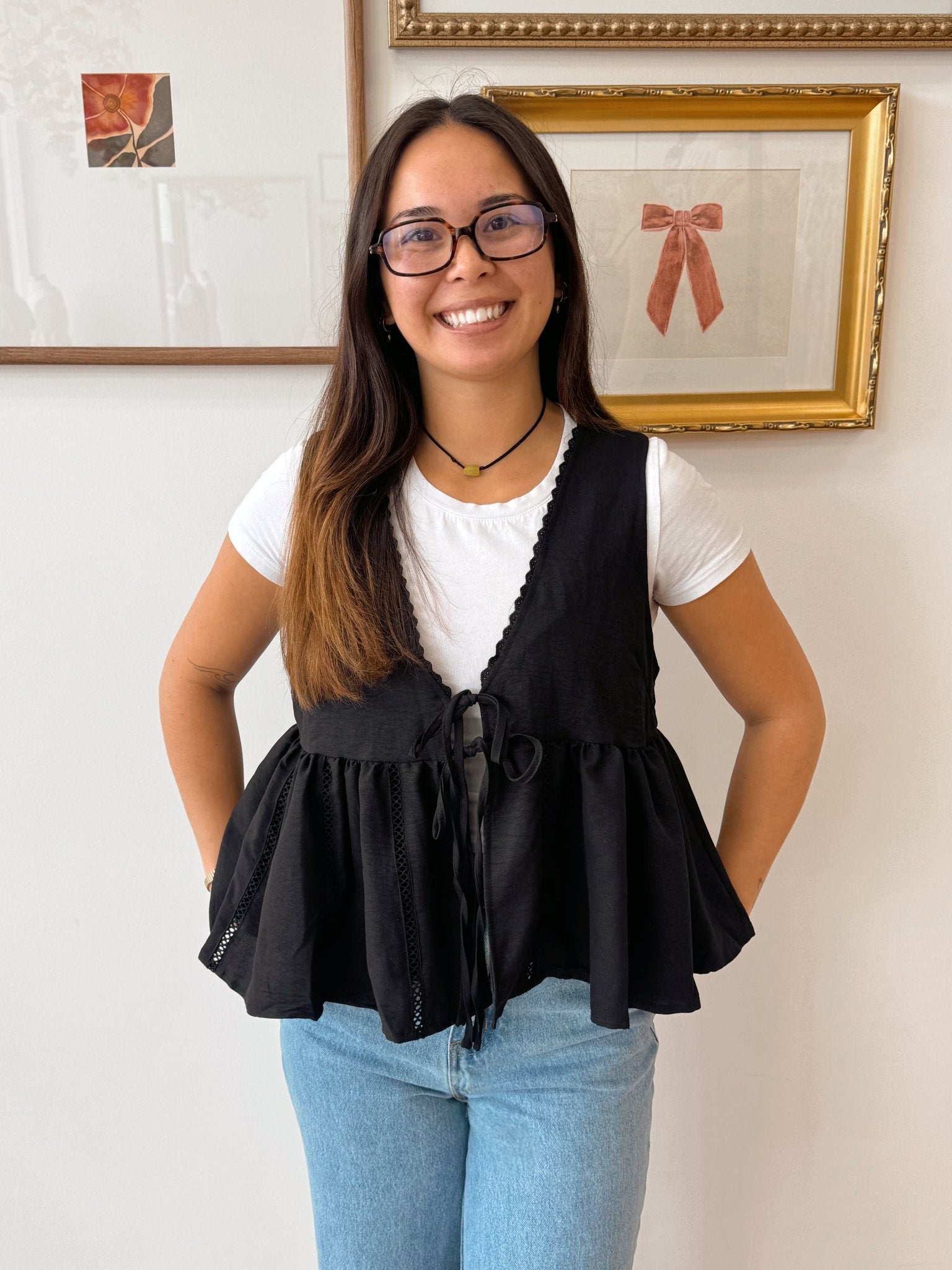 Lace Trim Tie Front Top Shirts & Tops