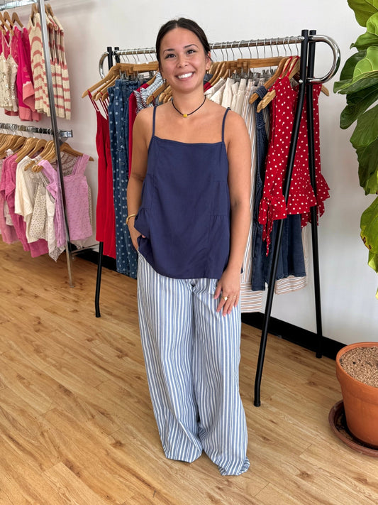 Navy Linen Tank Top Shirts & Tops