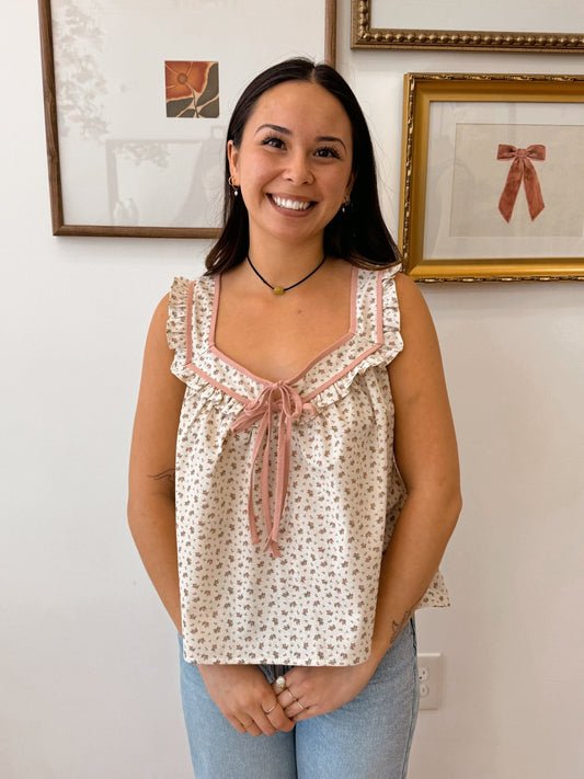 Pink Trim Floral Tank Top Shirts & Tops