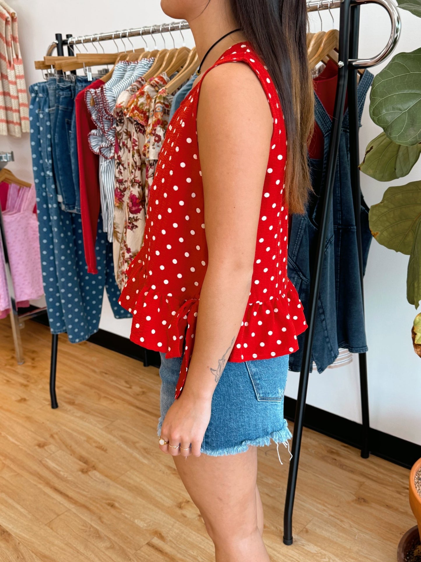 Polka Dot Ruffle Tank Top Shirts & Tops