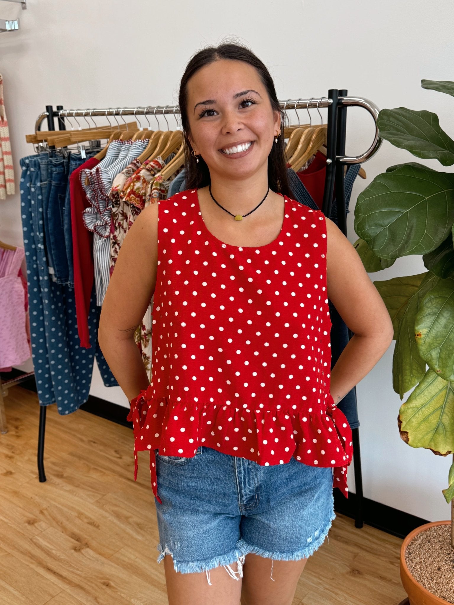 Polka Dot Ruffle Tank Top Shirts & Tops