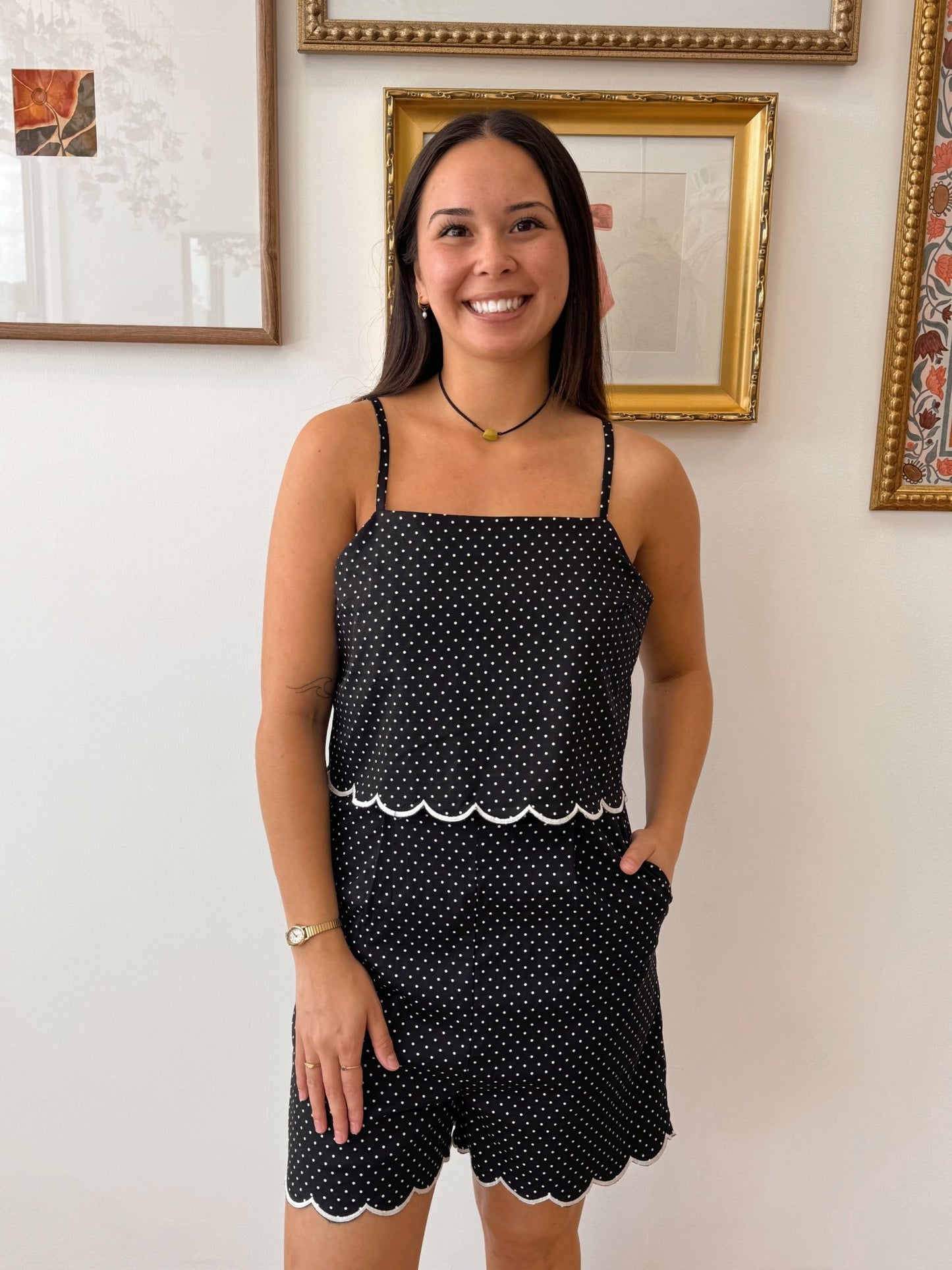 Polka Dot Scalloped Trim Romper Romper