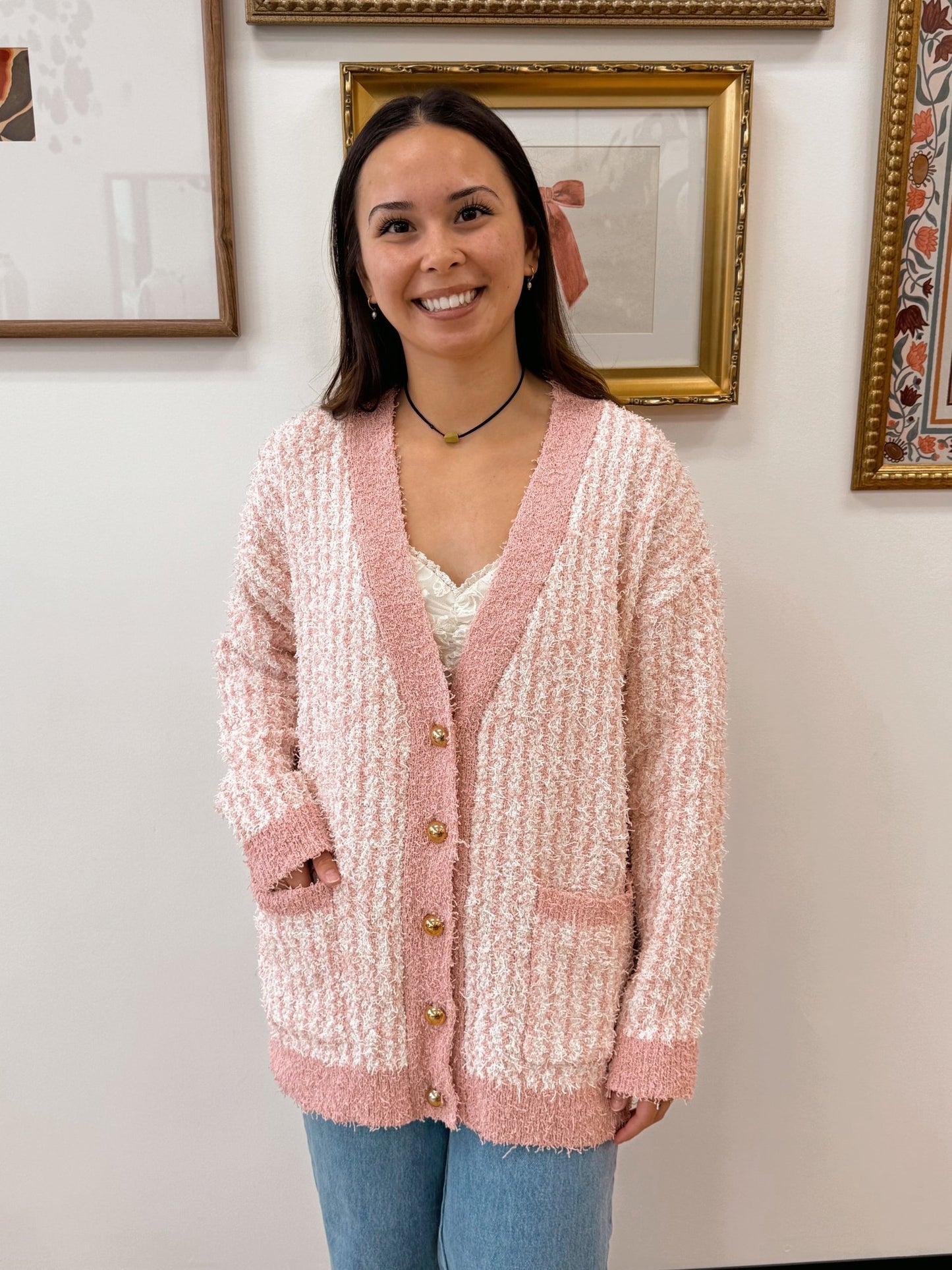 Preppy Pink Cardigan Shirts & Tops