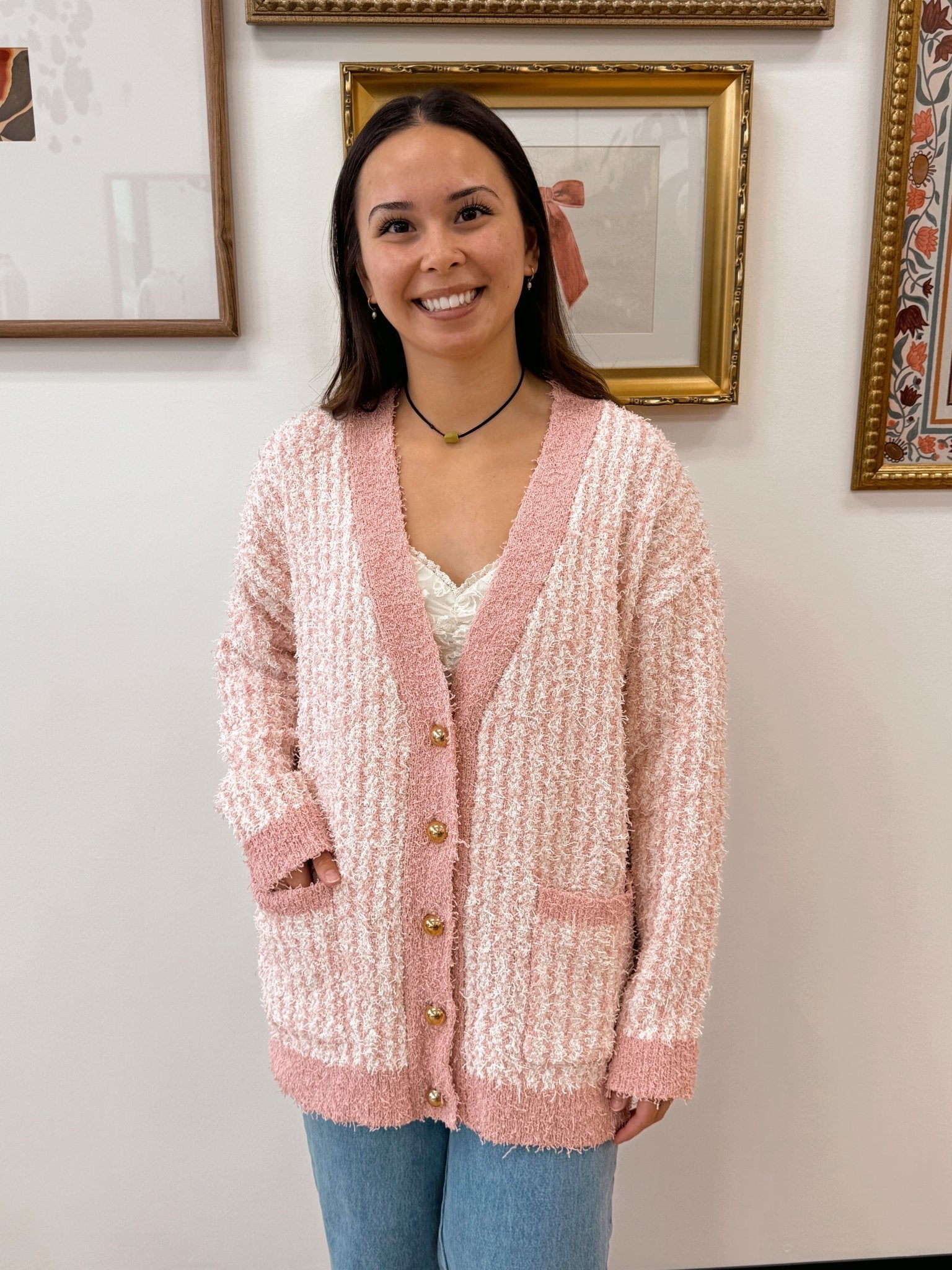Preppy Pink Cardigan Shirts & Tops