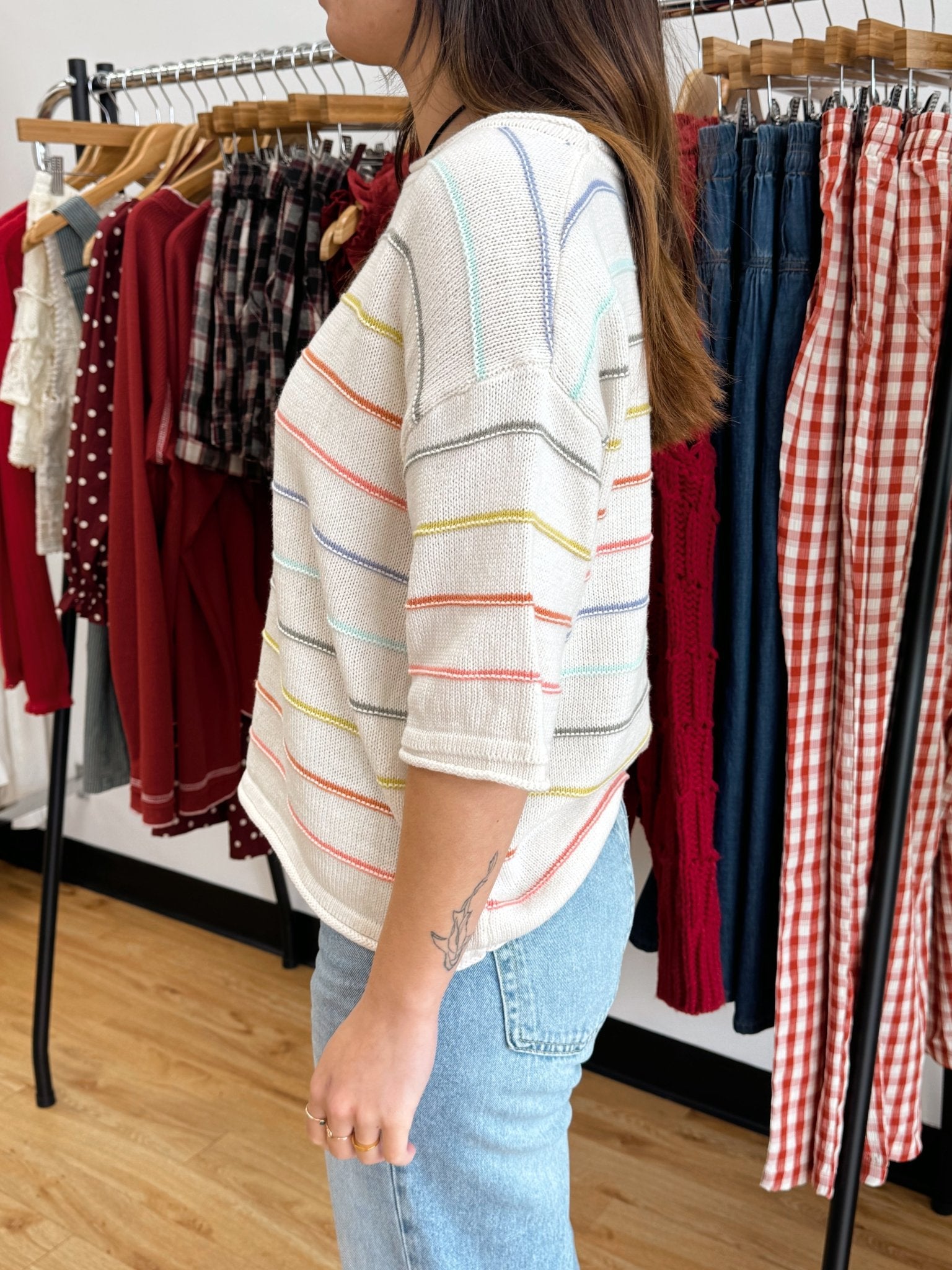 Rainbow Stripe Short Sleeve Sweater Shirts & Tops