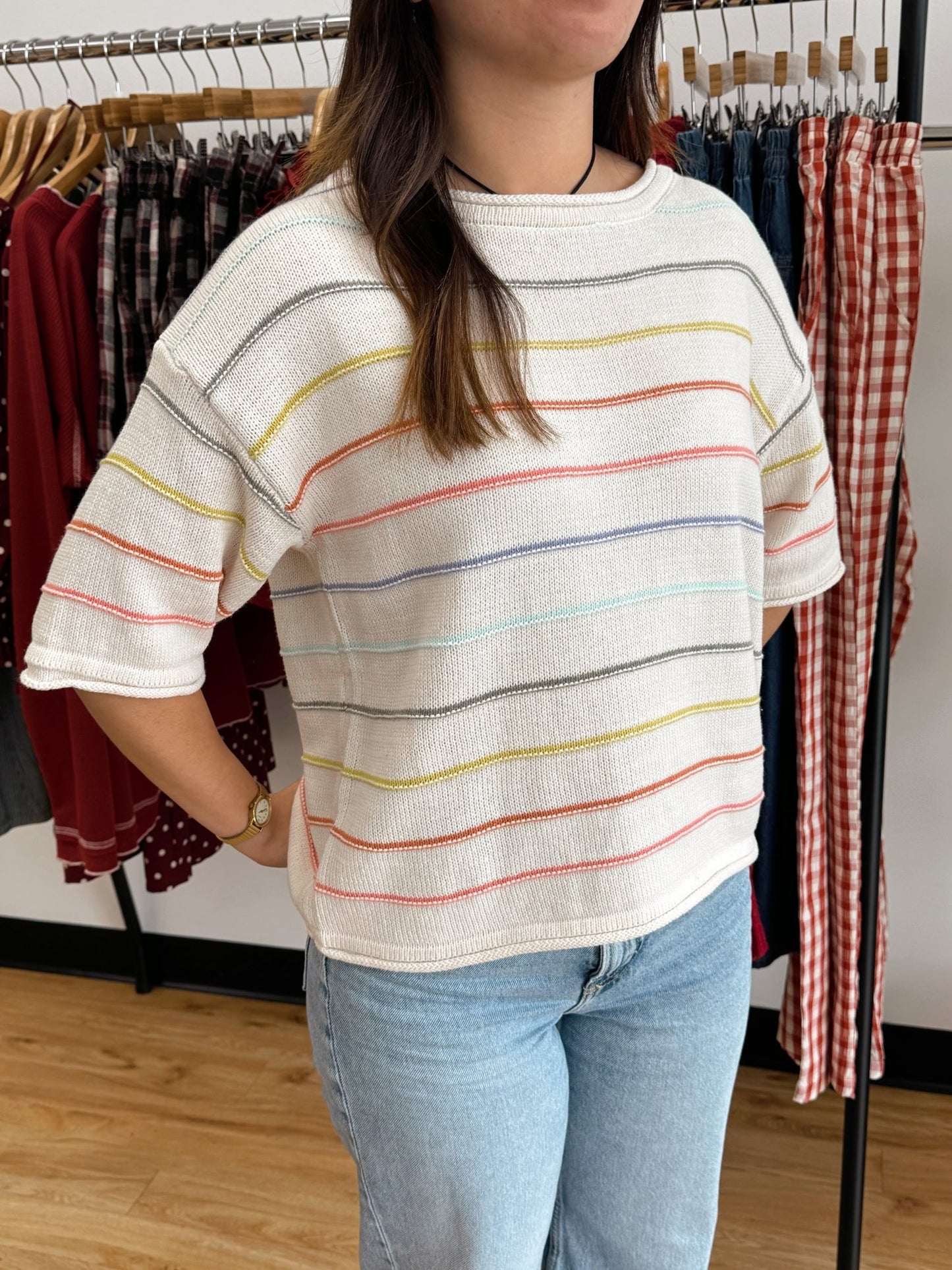 Rainbow Stripe Short Sleeve Sweater Shirts & Tops