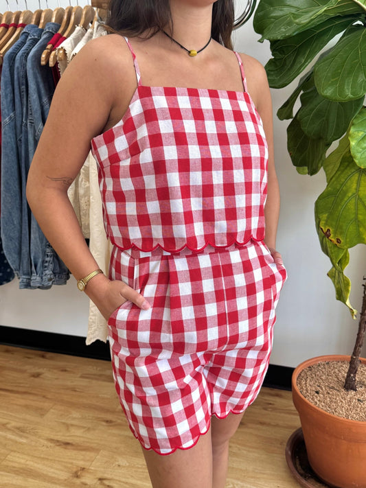 Red Gingham Scalloped Trim Romper Romper