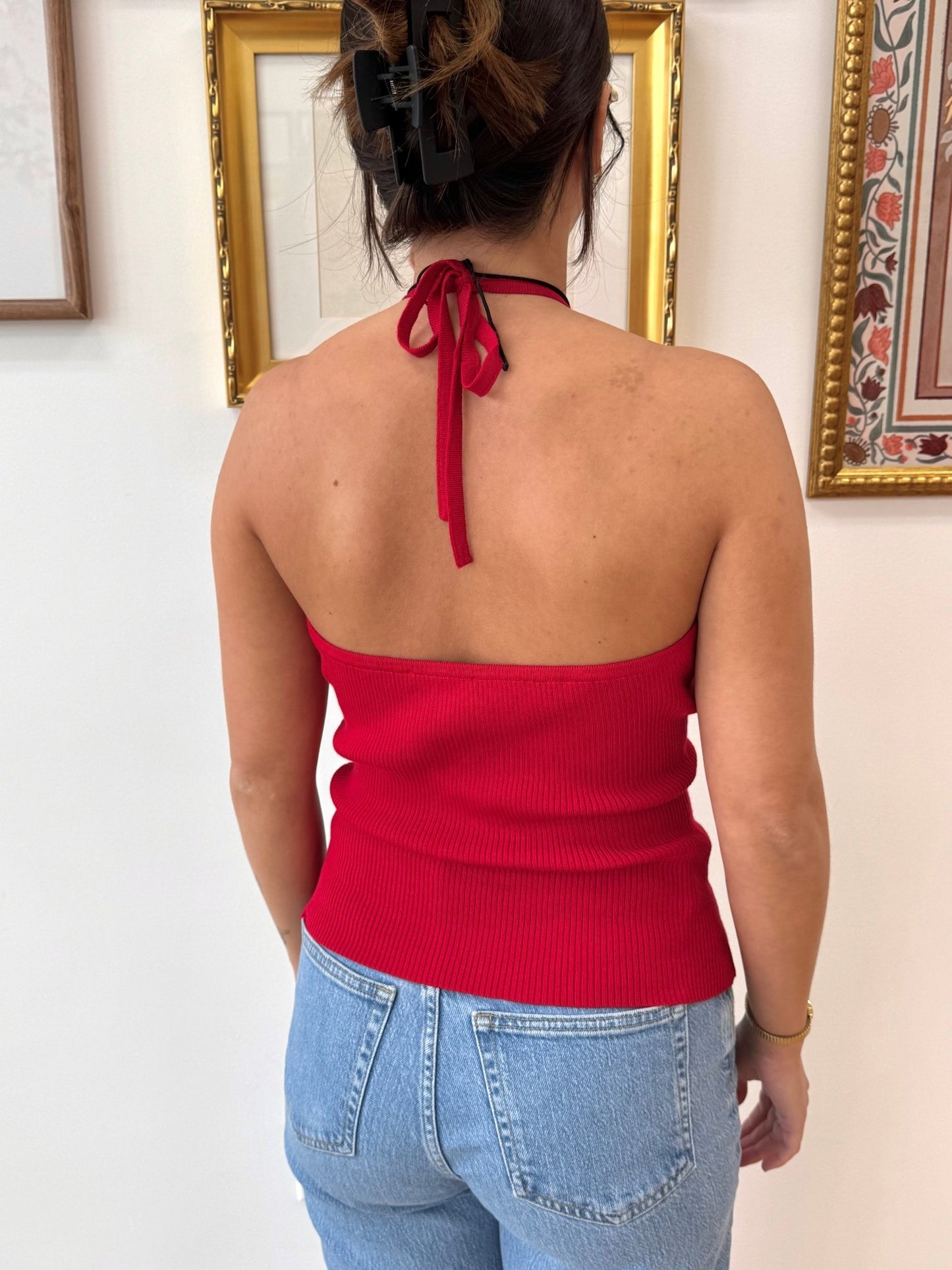 Red Knit Halter Neck Top Shirts & Tops