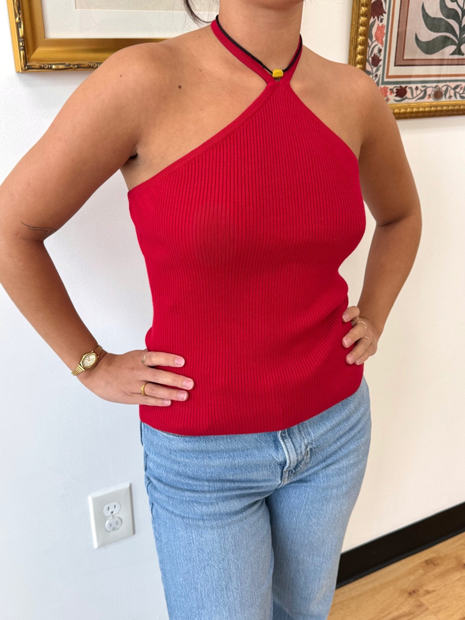 Red Knit Halter Neck Top Shirts & Tops