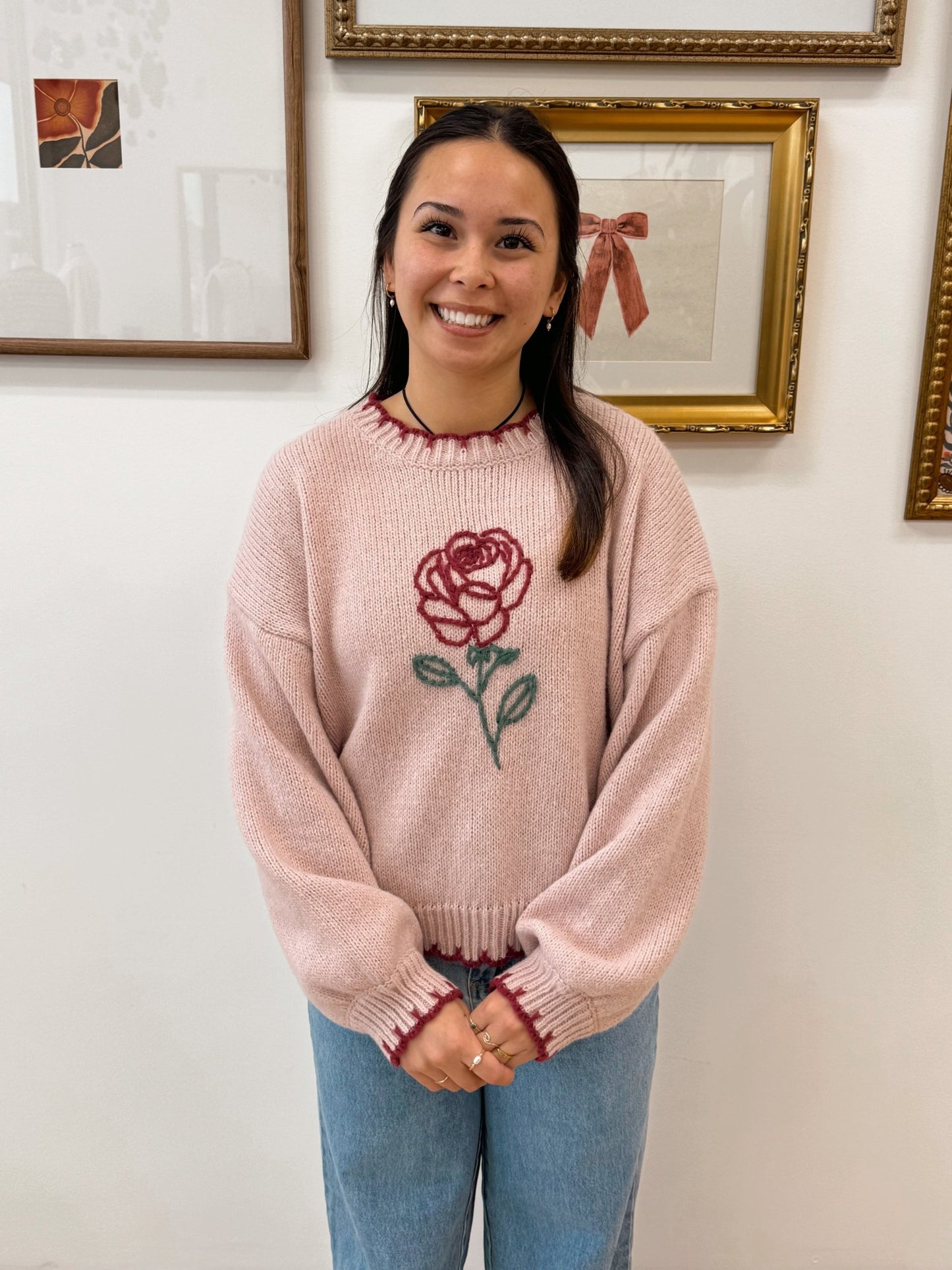 Rose Stitching Pink Sweater Shirts & Tops