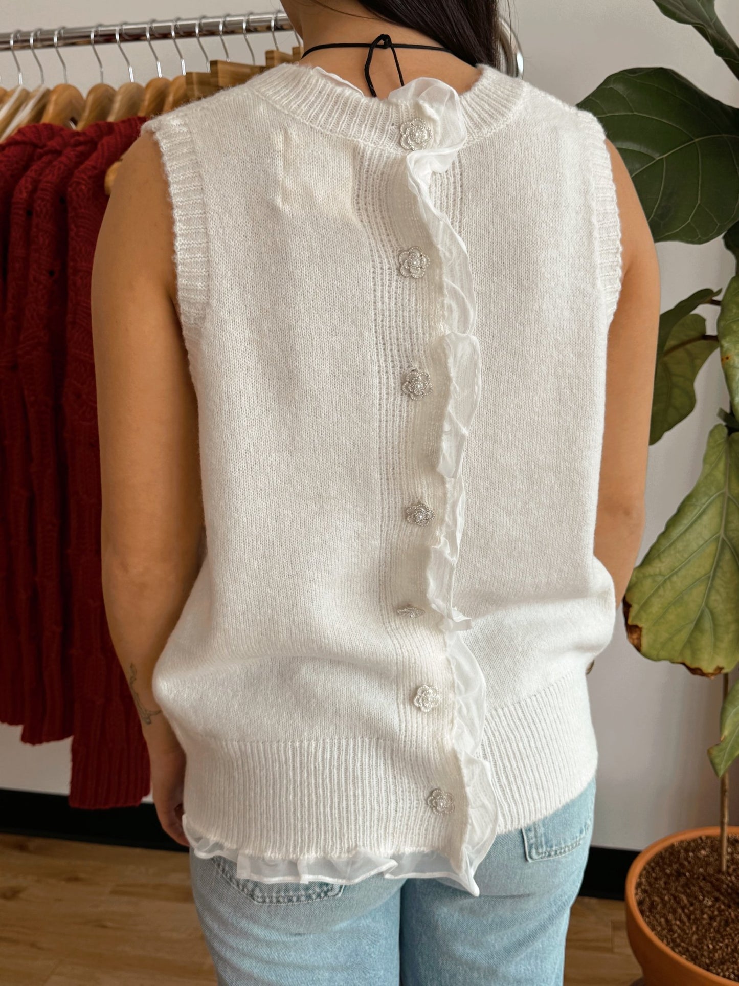 Ruffle Back Button Sweater Vest Oatmeal Shirts & Tops