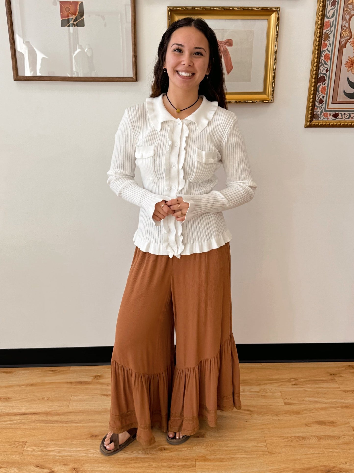 Lace Trim Flowy Flare Pants Pants