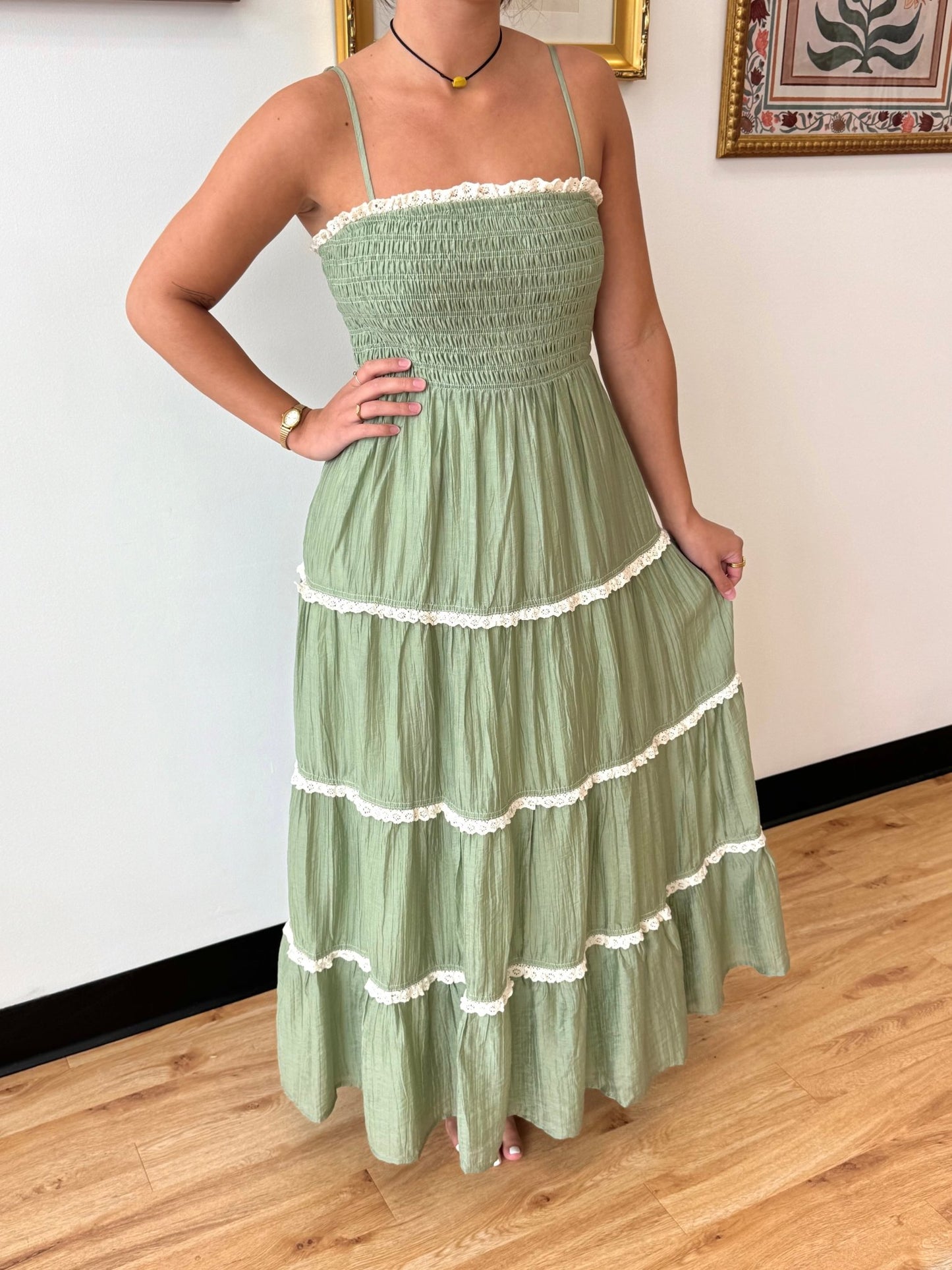 Sage Tiered Trim Maxi Dress Dress
