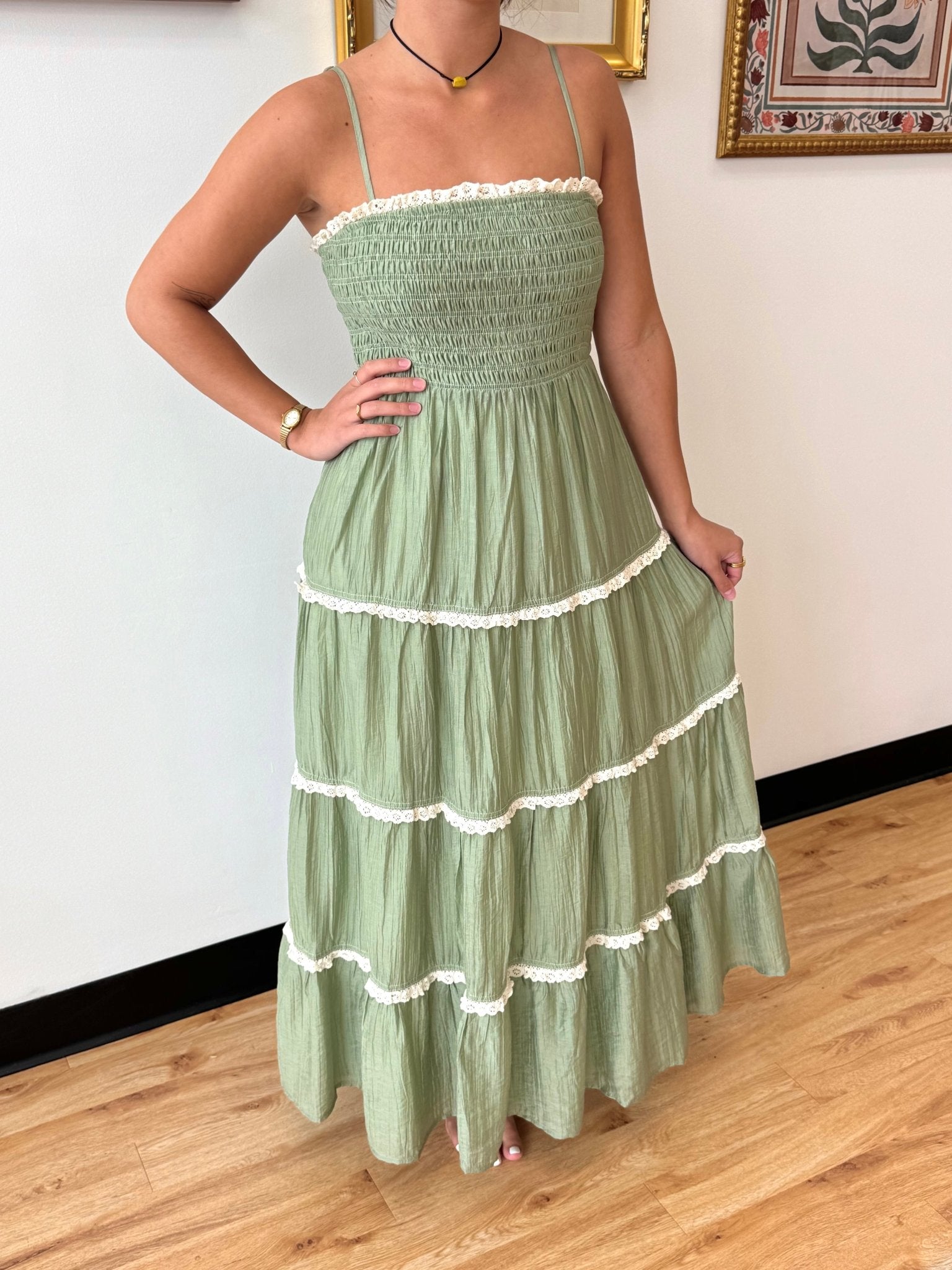 Sage Tiered Trim Maxi Dress Dress