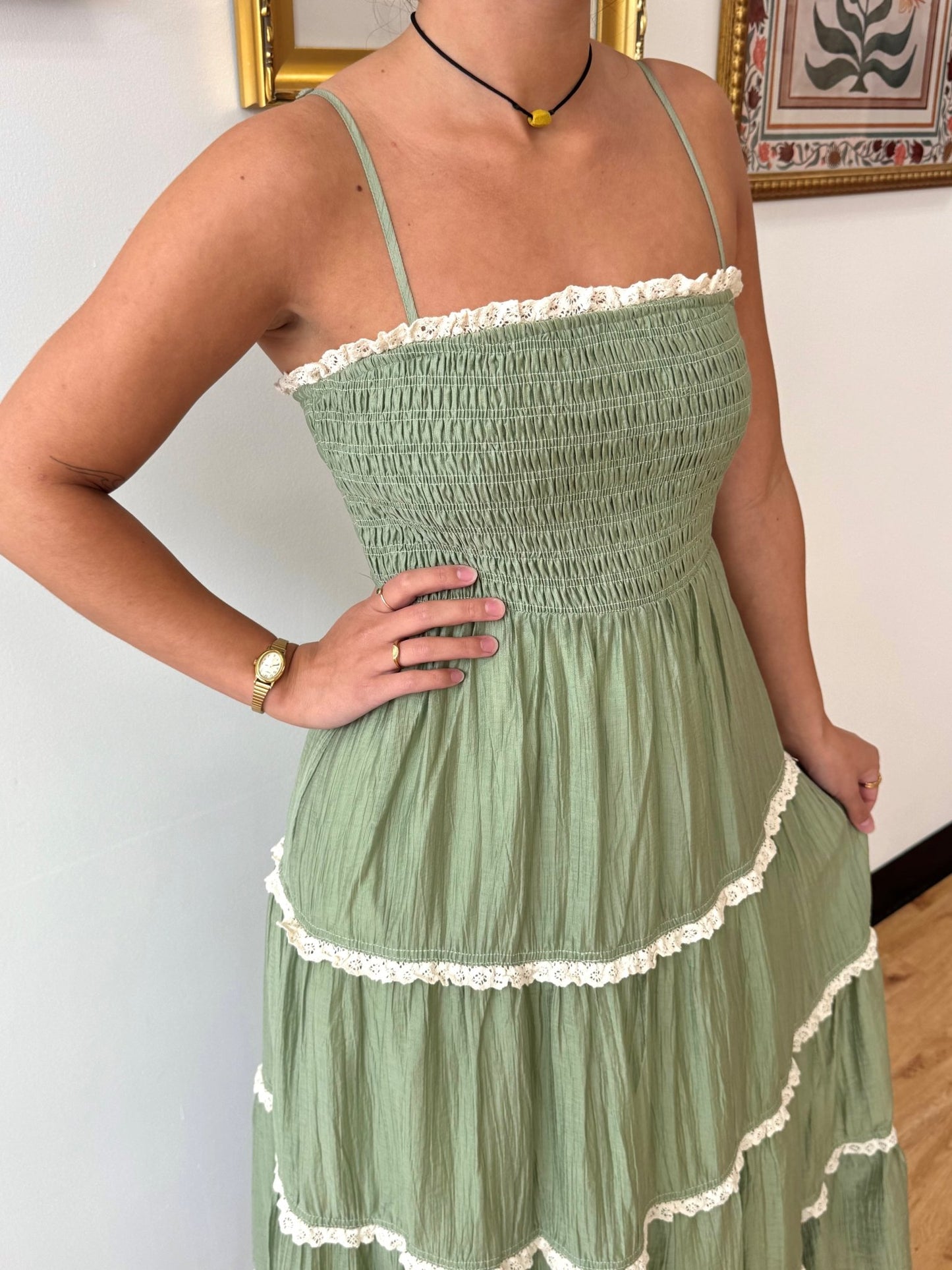 Sage Tiered Trim Maxi Dress Dress