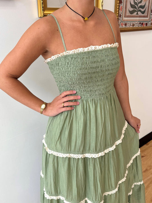 Sage Tiered Trim Maxi Dress Dress