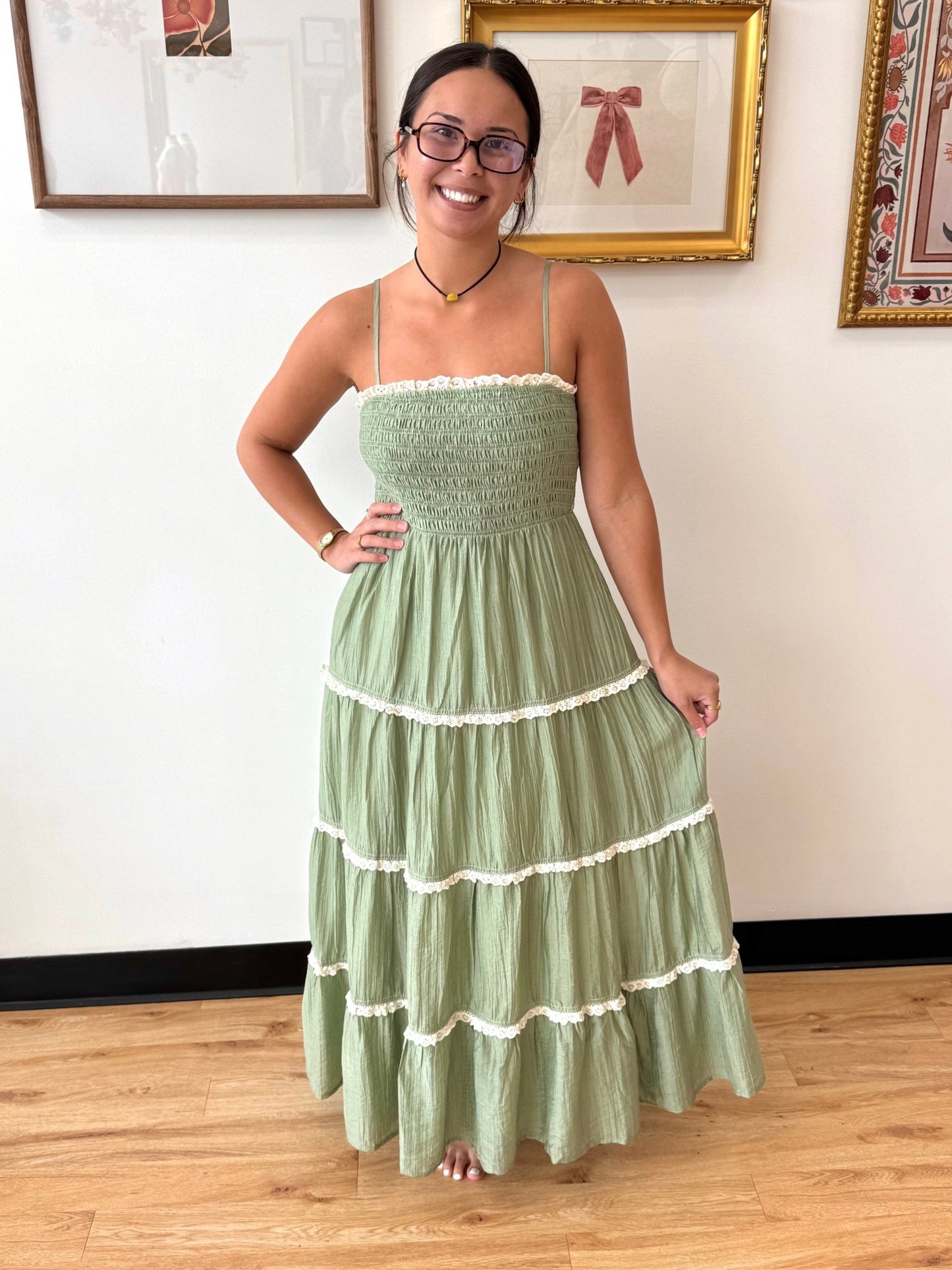 Sage Tiered Trim Maxi Dress Dress