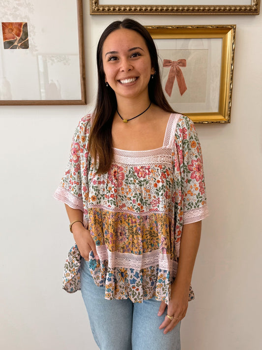 Square Neck Floral Blouse Shirts & Tops