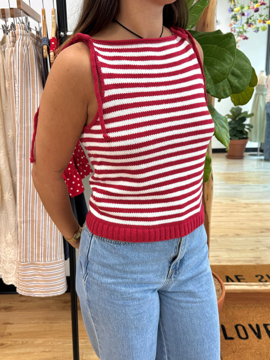 Striped Knit Tie Tank Top Shirts & Tops