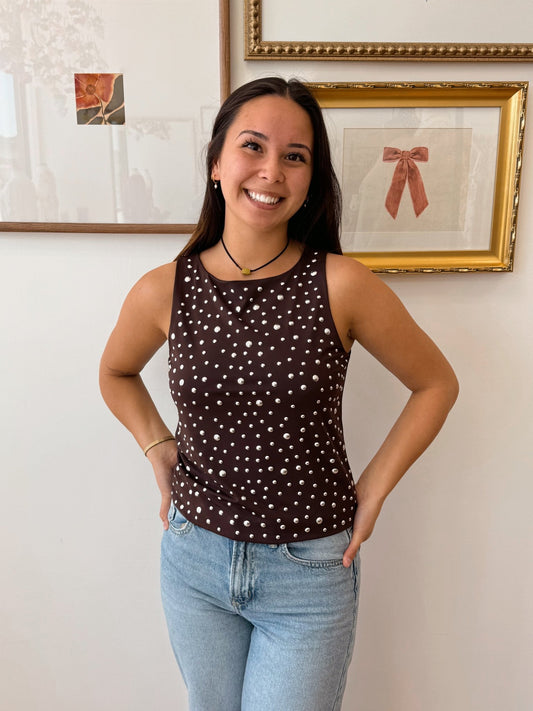 Studded Brown Boatneck Tank Top Shirts & Tops
