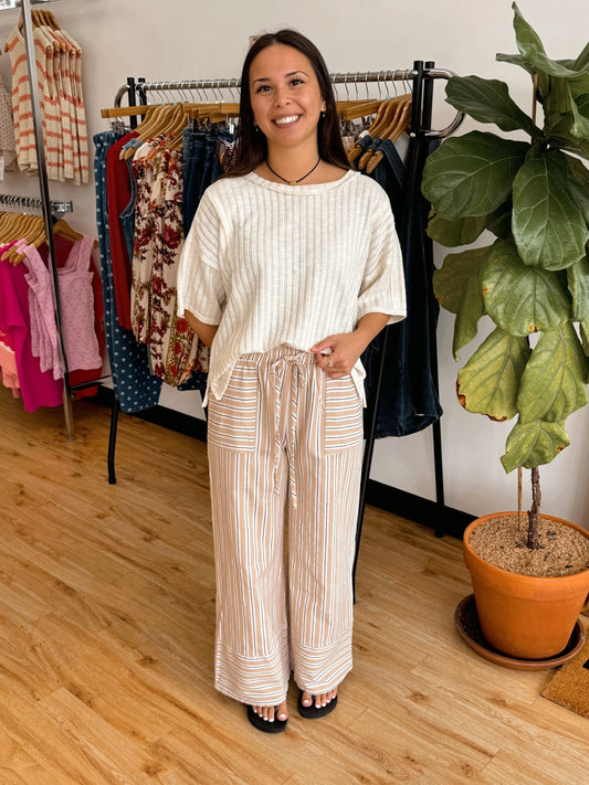 Taupe Striped Wide Leg Pants Bottoms