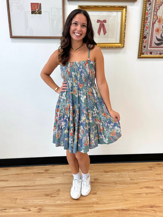 Teal Floral Smocked Dress Dress