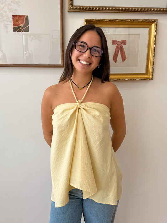 Yellow Halter Linen Tank Top Shirts & Tops